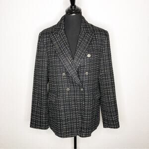 Mina Self black white metallic tweed striped double breasted blazer size XL